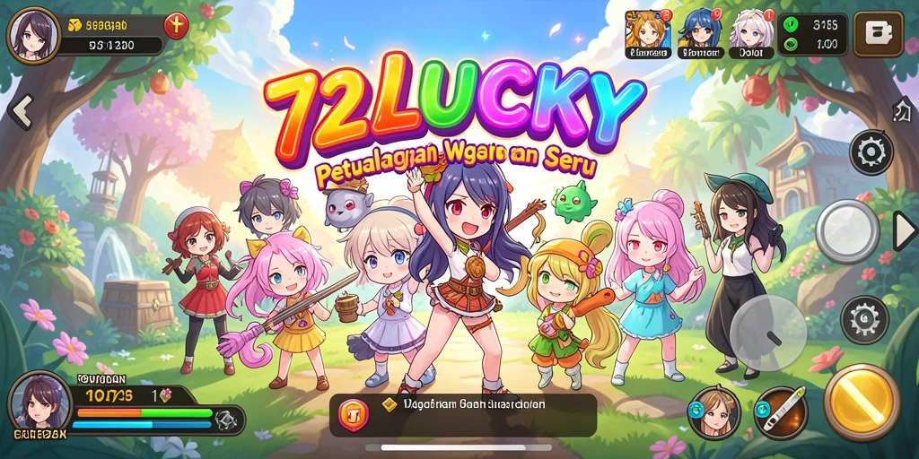 Tampilan gameplay 72LUCKY yang menarik dengan karakter anime yang dinamis.