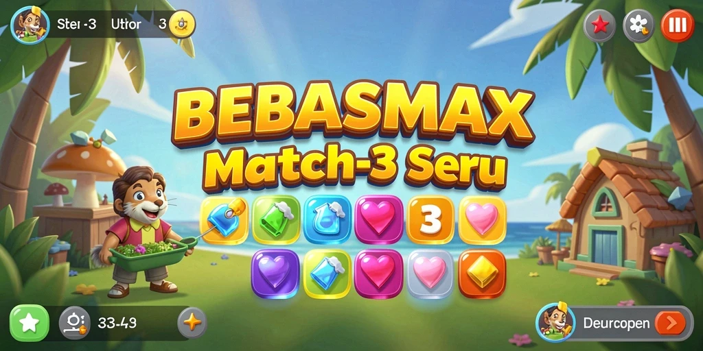 Tangkapan layar gameplay <strong>BEBASMAX</strong> menampilkan aksi mencocokkan permata yang seru.