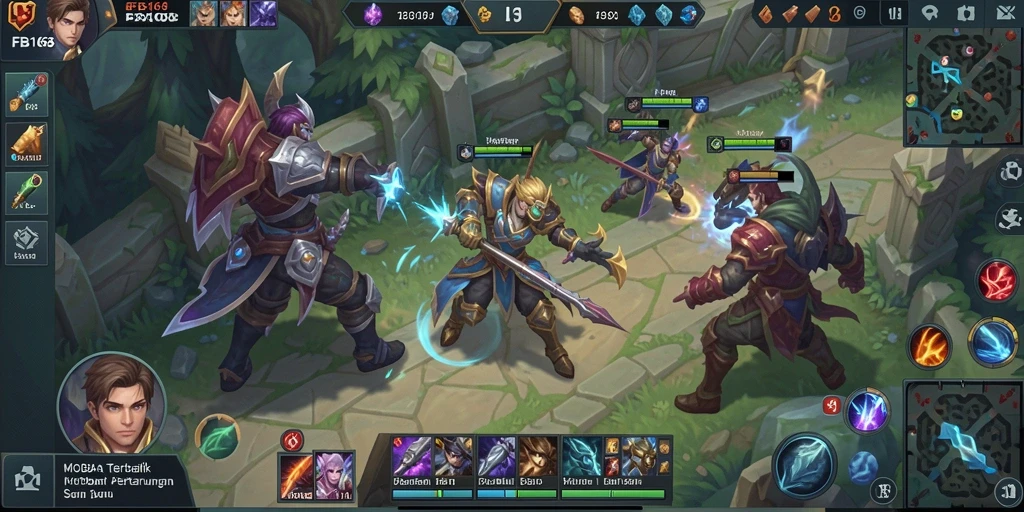 Screenshot gameplay FB168 menampilkan pertempuran seru antar tim MOBA.