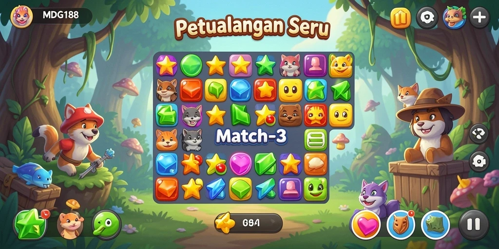 Gameplay seru Match-3 di MDG188 dengan berbagai tantangan menarik.