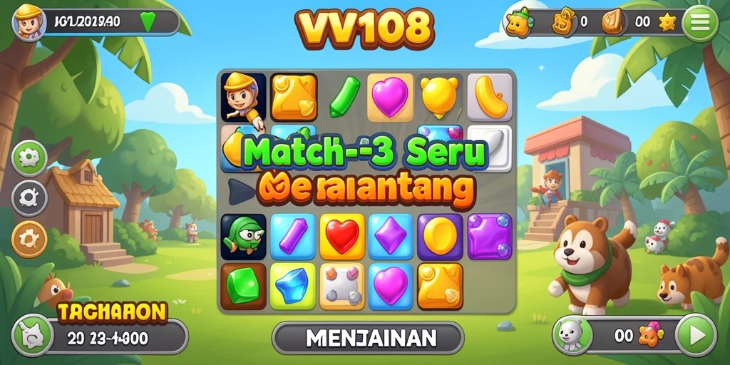Screenshot gameplay VW108 yang menunjukkan aksi Match-3 yang seru.